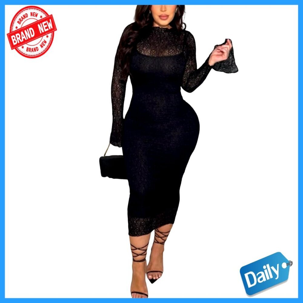 Lace Bodycon Midi Dress Elegant Formal Cocktail Wedding Guest Party